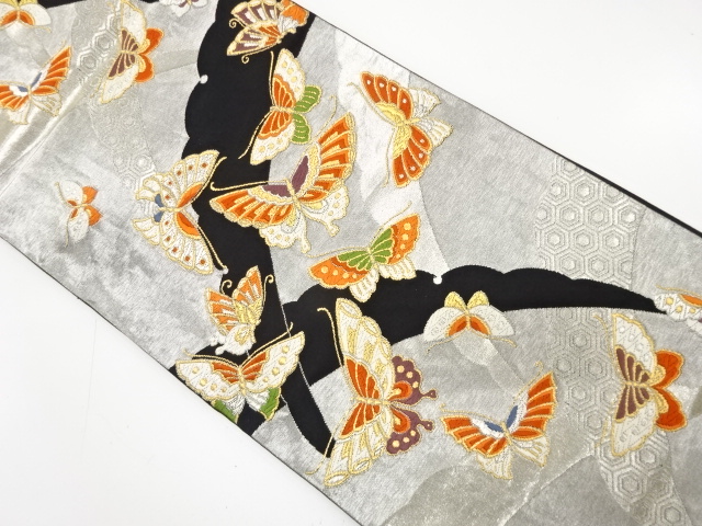 アンティーク　雪芝に蝶模様織り出し袋帯（材料）